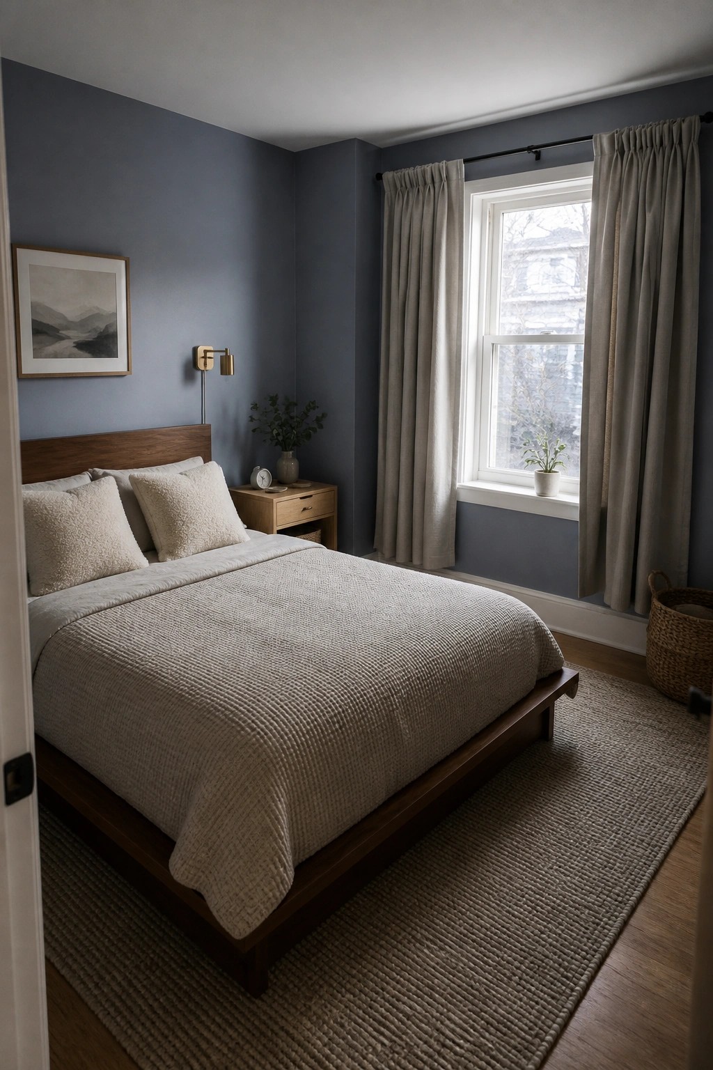 Cozy bedroom with dark blue walls, wooden bed, woven rug, and curtained window.