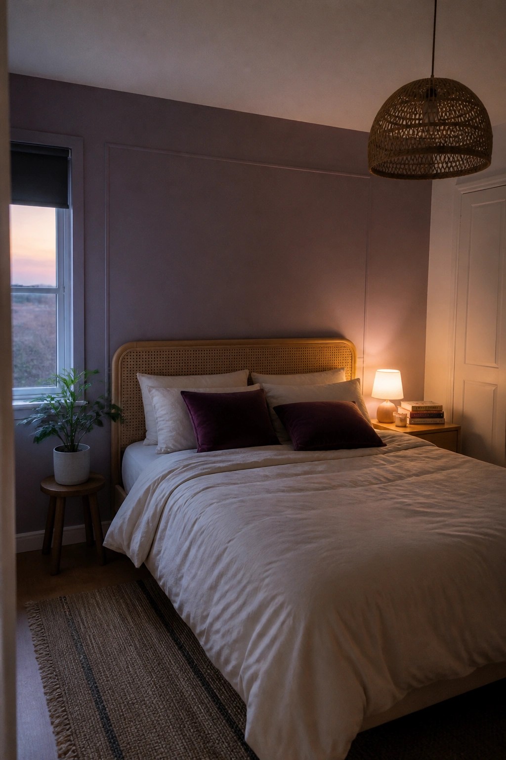 A small bedroom with dusty mauve walls and a wooden bed frame.