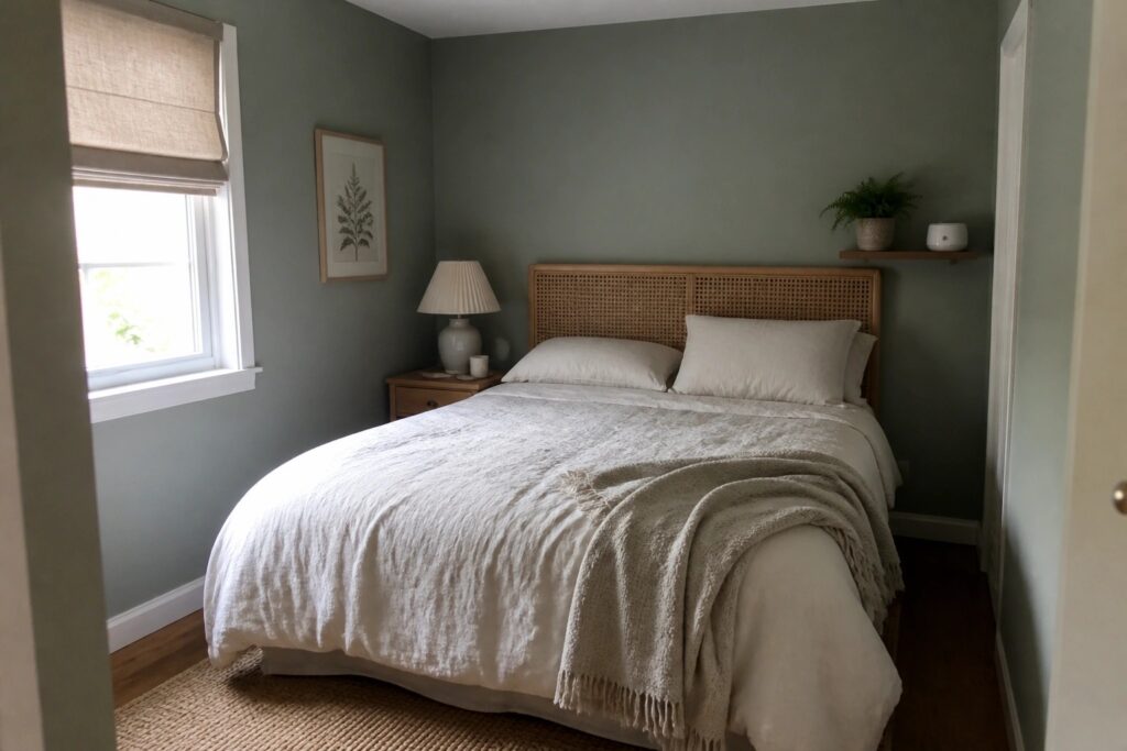 18 Restful Small Bedroom Paint Ideas Designed Around Better Sleep Small bedroom with muted sage green walls and warm wood furniture.