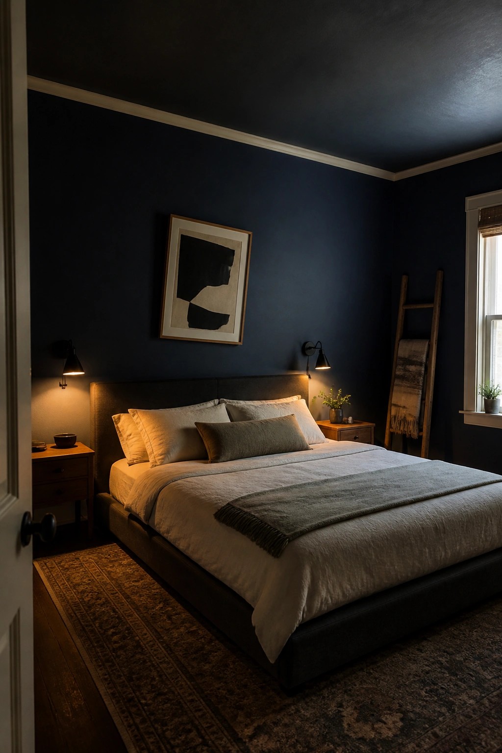 Dark blue bedroom with large bed, white linens, abstract art, and wooden ladder.