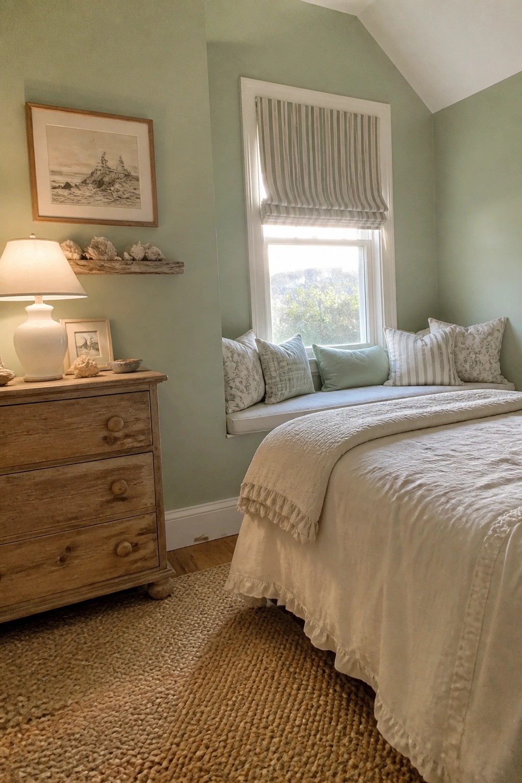 Cozy bedroom with green walls, wooden dresser, window seat, and white bed.