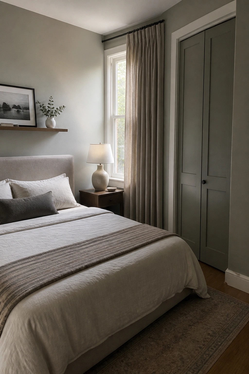 Neutral-toned bedroom with upholstered bed, white linens, nightstand lamp, and gray doors.