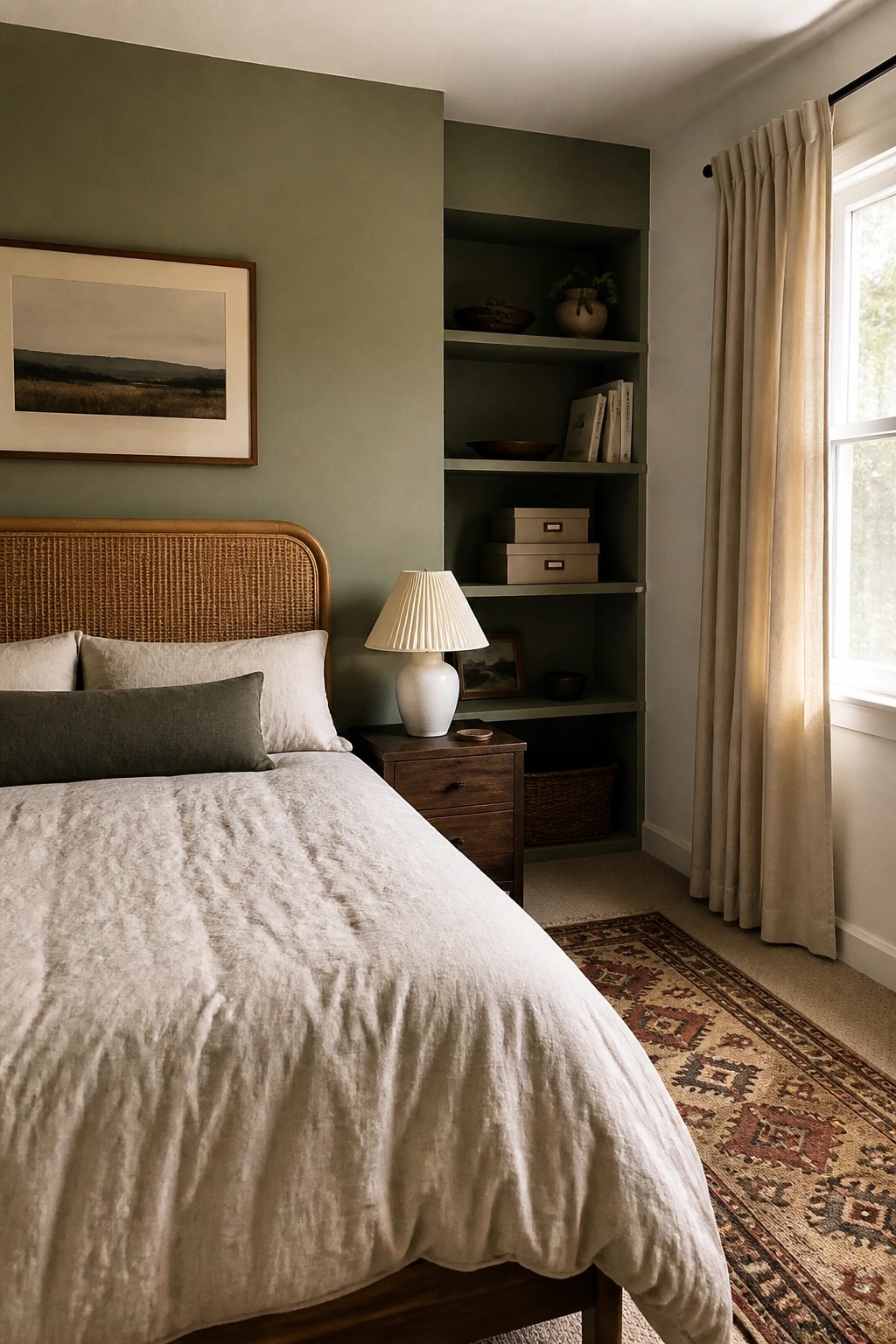 Sage green walls and built-in shelves in a small bedroom beside a wooden bed frame.
