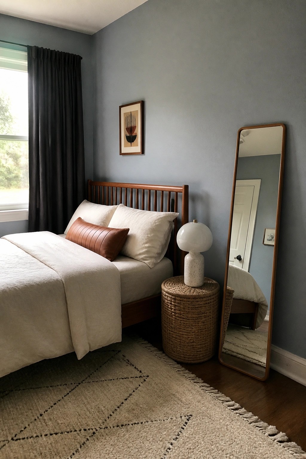 Blue-gray bedroom walls paired with a wooden bed frame and woven accents.