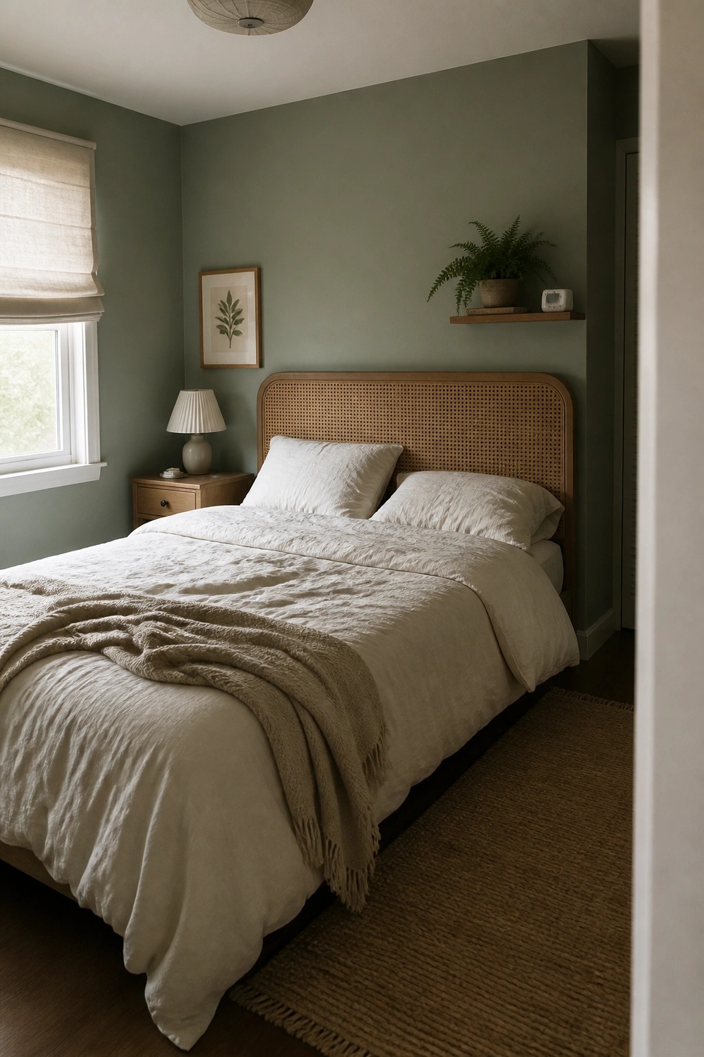 Small bedroom with muted sage green walls and warm wood furniture.