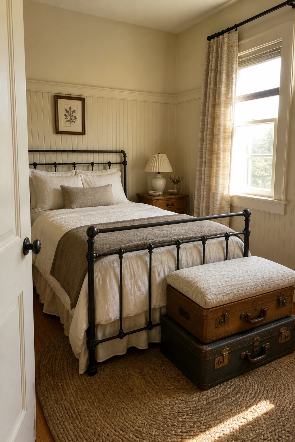 Cozy bedroom with black iron bed, white linens, stacked vintage suitcases, and jute rug.