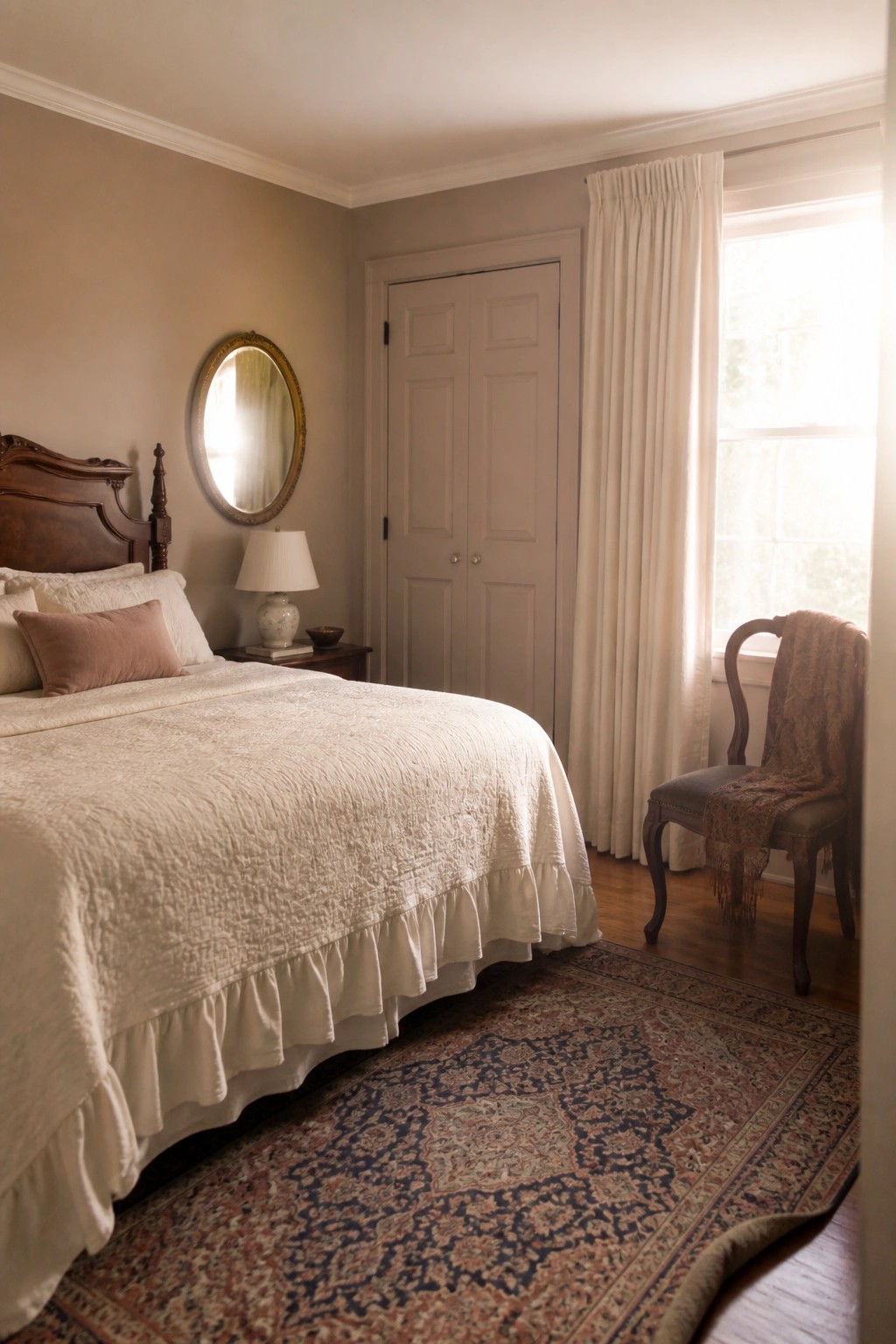 Cozy bedroom with white ruffled bed, patterned rug, and sunlit window