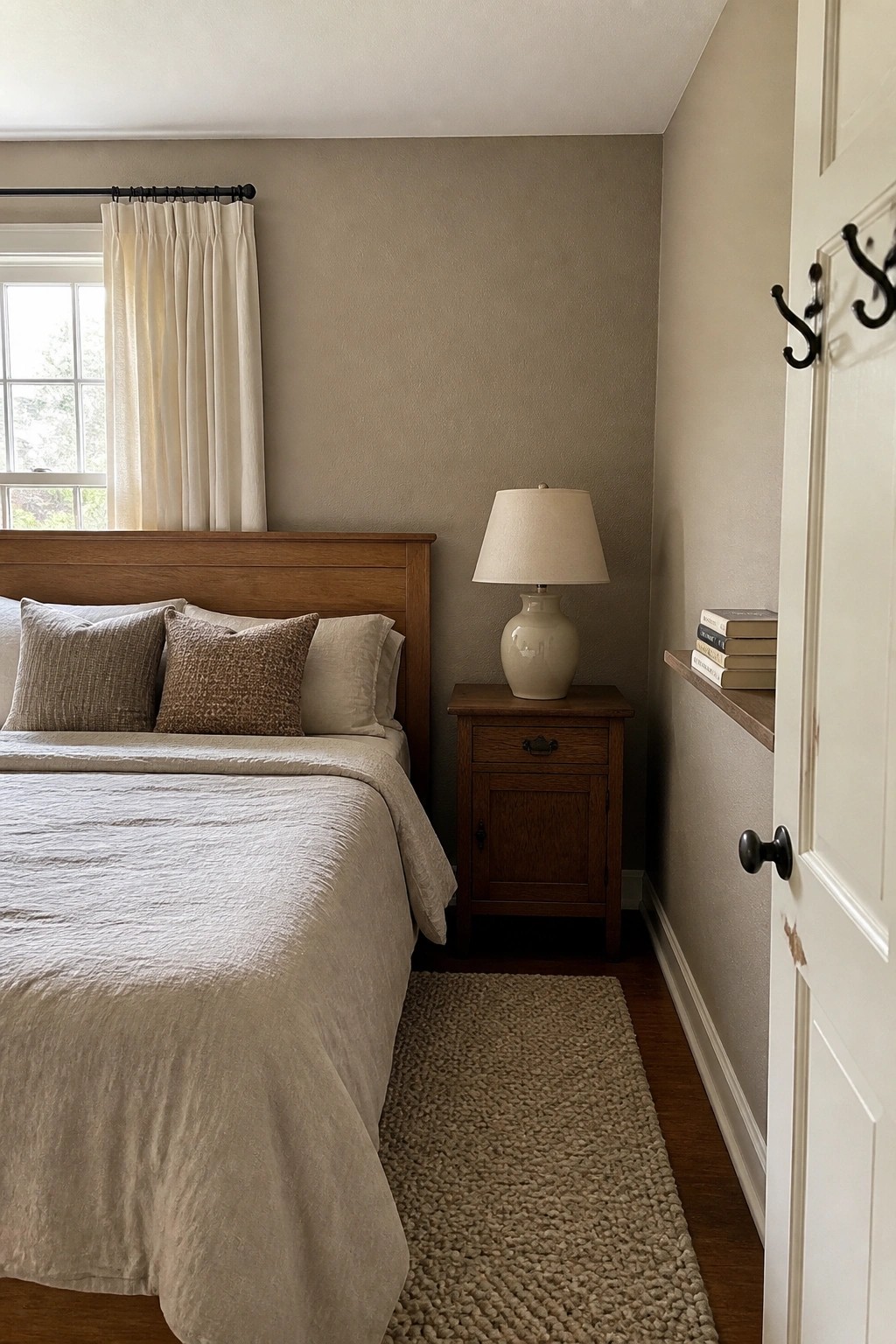 Neutral bedroom with wooden bed, beige linens, ceramic lamp, and textured rug