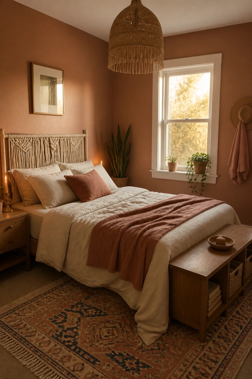 A small bedroom painted in warm terracotta with wood furniture and natural light from the window.