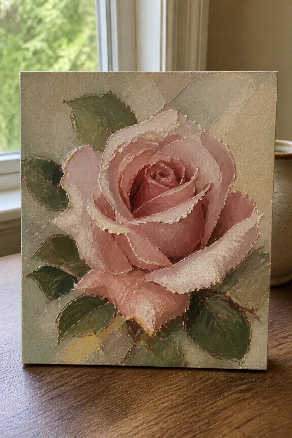 Thickly textured painting of a pink rose with green leaves on beige background.