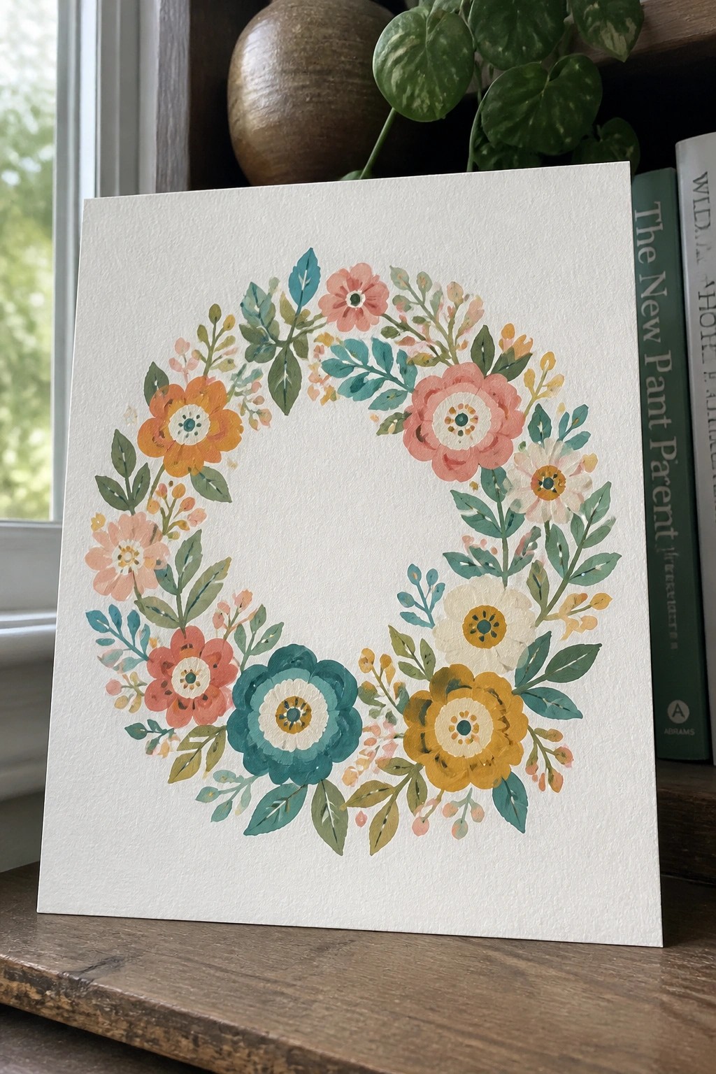 Watercolor floral wreath with orange, pink, teal, and yellow blooms on paper