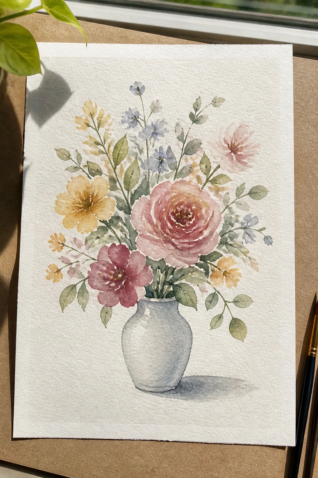 Watercolor bouquet of pink roses, yellow and blue flowers in a white vase