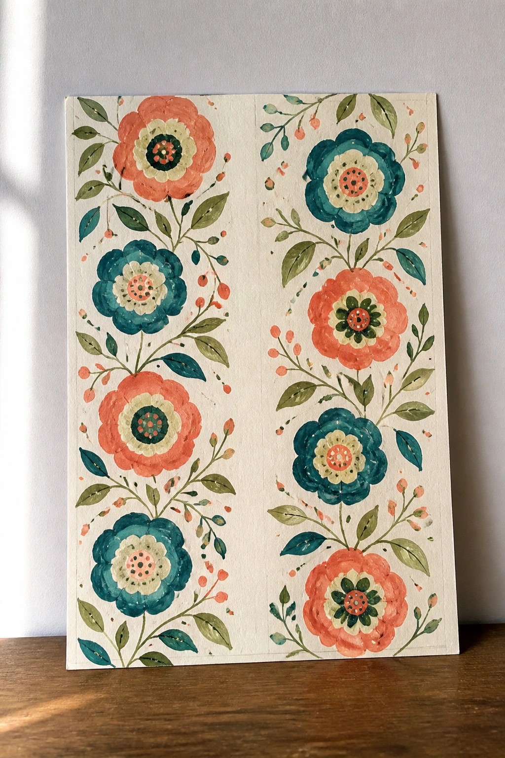 Hand-painted floral strips with coral and teal flowers plus green leaves on paper.