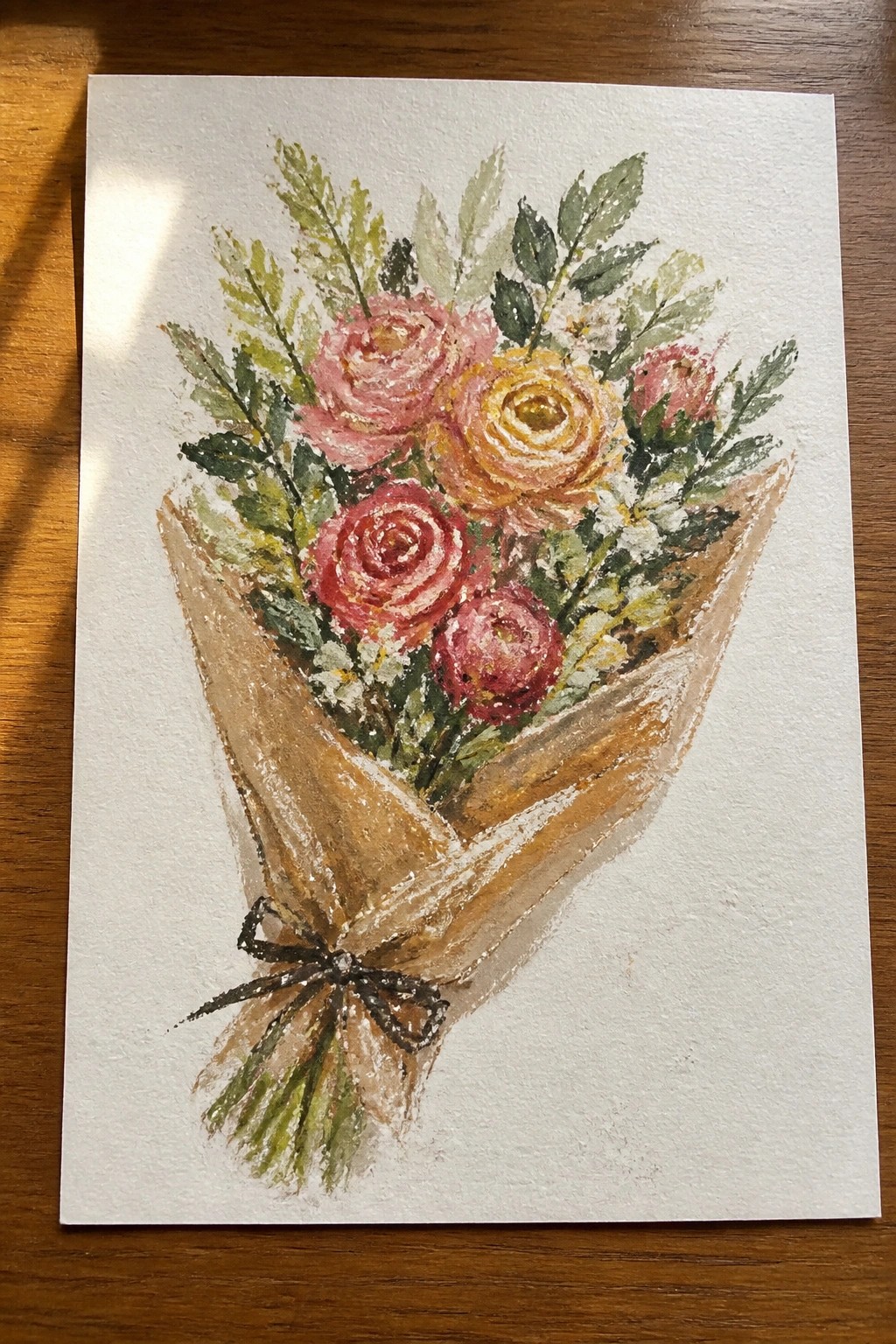 Watercolor bouquet of pink, red, and yellow flowers wrapped in brown paper with black bow