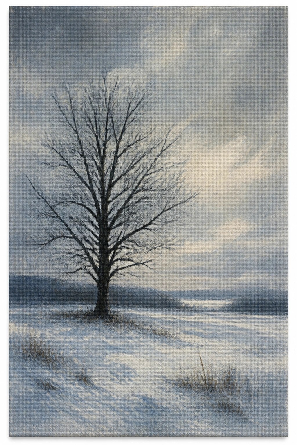 A realistic painting of a bare tree centered in a snowy field under a cloudy blue gray sky with distant hills and soft shadows on the snow.
