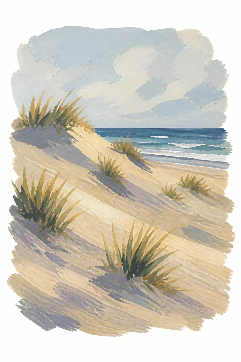 A loose painting of beige sand dunes with green grass overlooking a blue ocean under a cloudy sky.