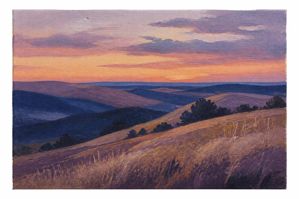 18 Simple Landscape Painting Ideas Without Complicated Perspective A serene oil painting of rolling hills at sunset with golden fields in the foreground, purple and orange skies, and distant blue hills under a peaceful dusk glow.
