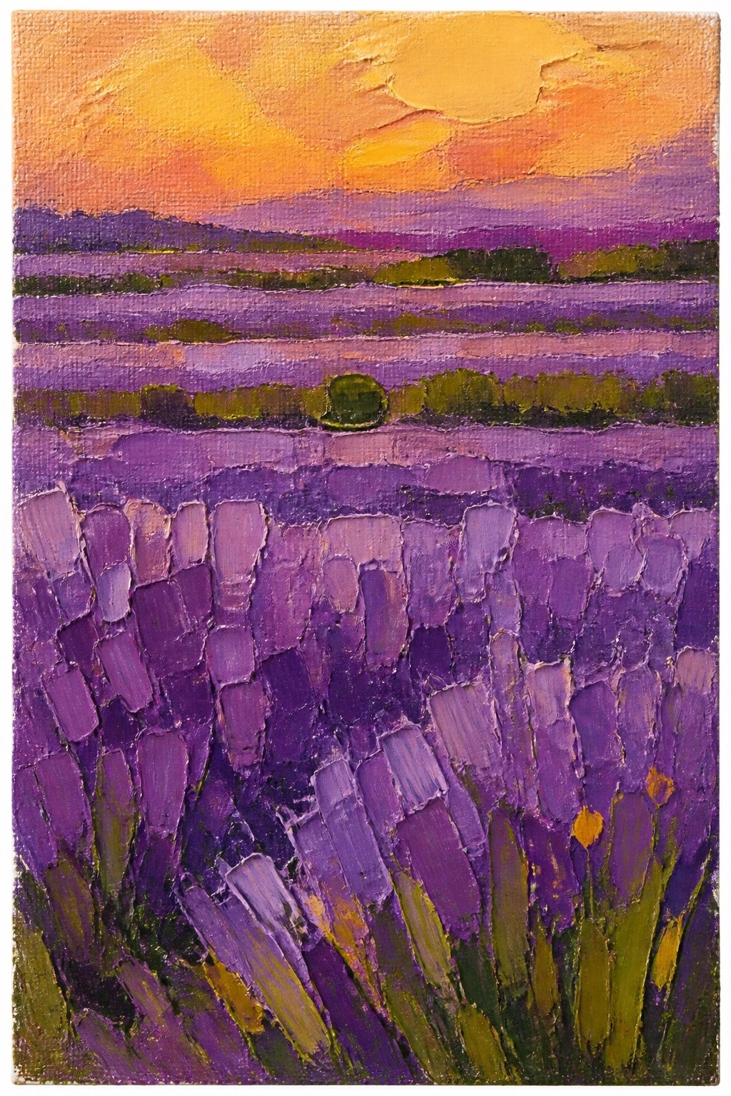 An oil painting of a lavender field at sunset with thick purple brushstrokes in the foreground, orange and yellow skies above, and layered purple hills in the distance.