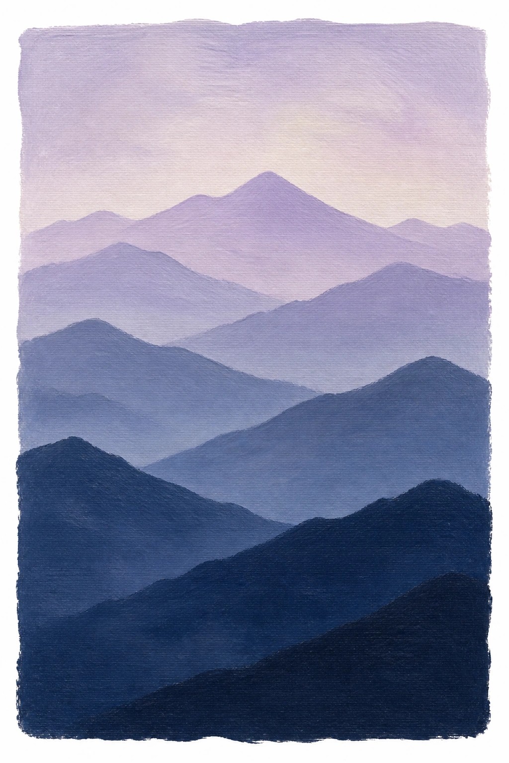 Watercolor painting of layered mountains in indigo blue and soft purple tones with a pale sky above.