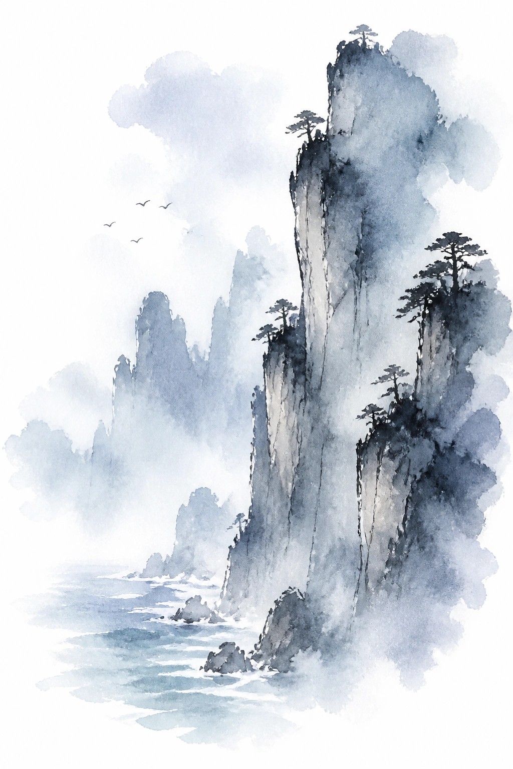 Watercolor landscape of misty blue cliffs with pine trees and birds above a calm sea.