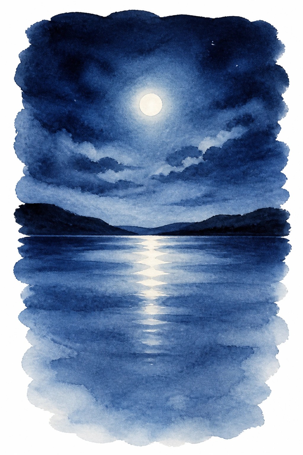 Watercolor night landscape with full moon reflecting on lake surface under cloudy blue sky and dark hills