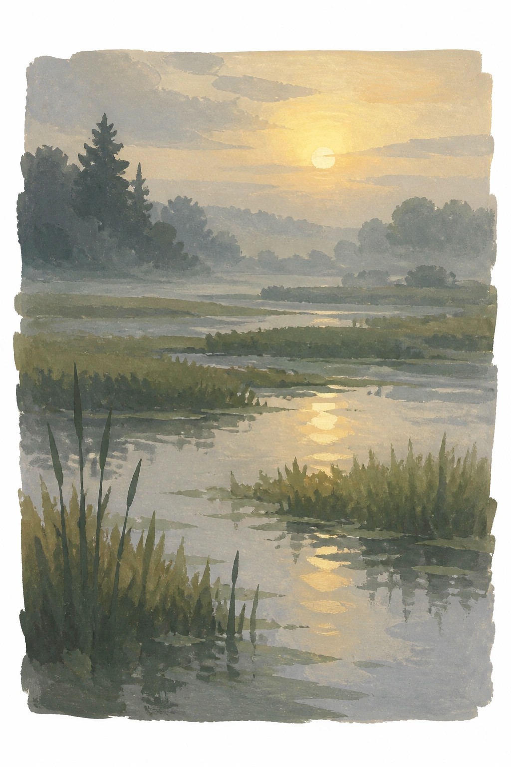 Watercolor landscape of a sunset over a marsh with reeds reflecting in calm water and soft trees in the distance