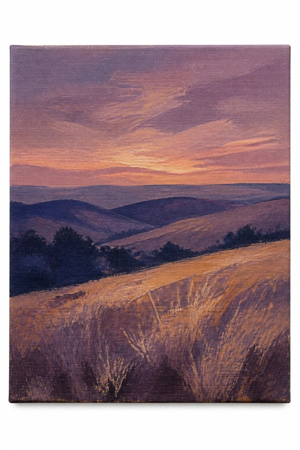 A serene oil painting of rolling hills at sunset with golden fields in the foreground, purple and orange skies, and distant blue hills under a peaceful dusk glow.