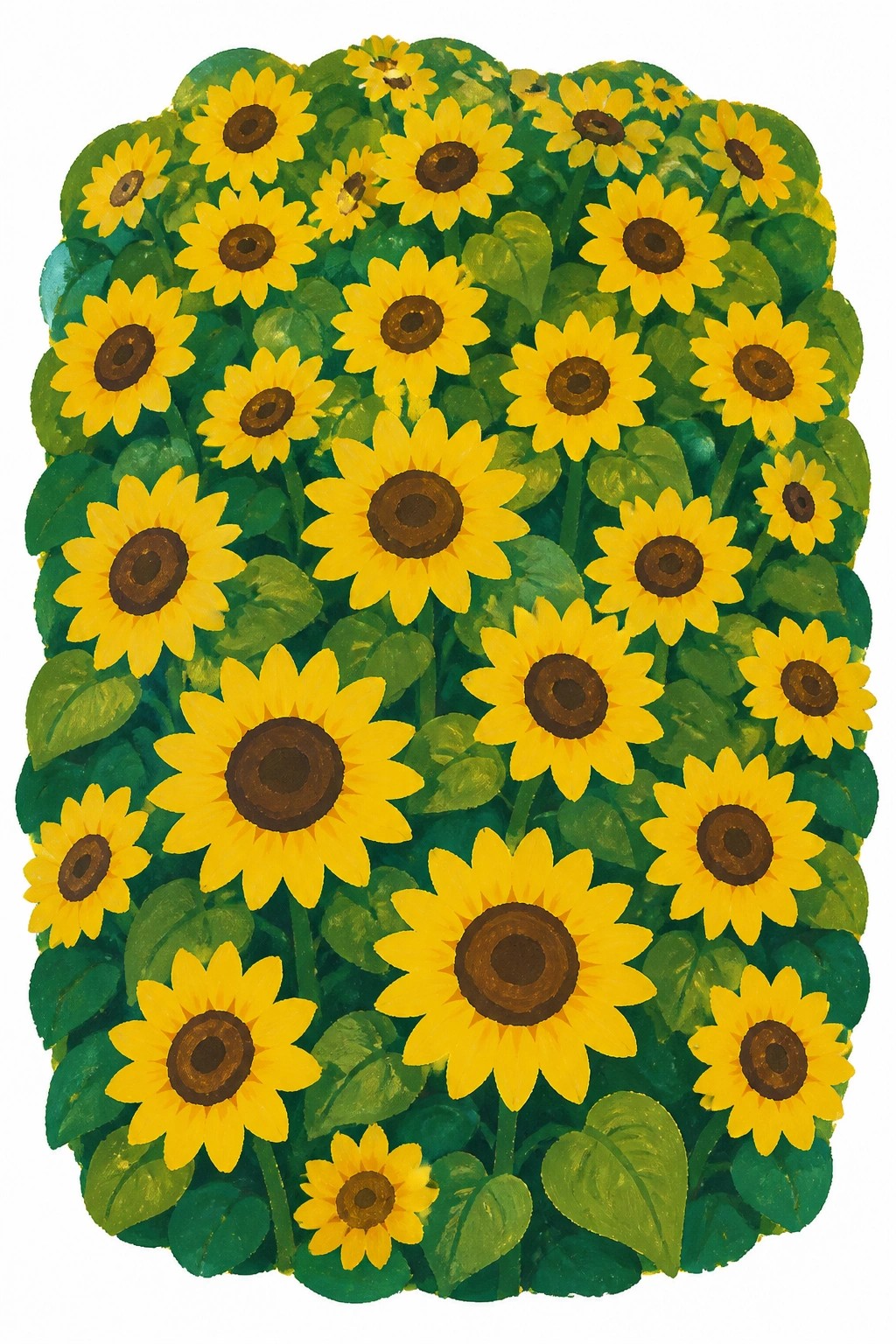 A painting of many sunflowers with yellow petals and brown centers amid green leaves in a dense flat arrangement.