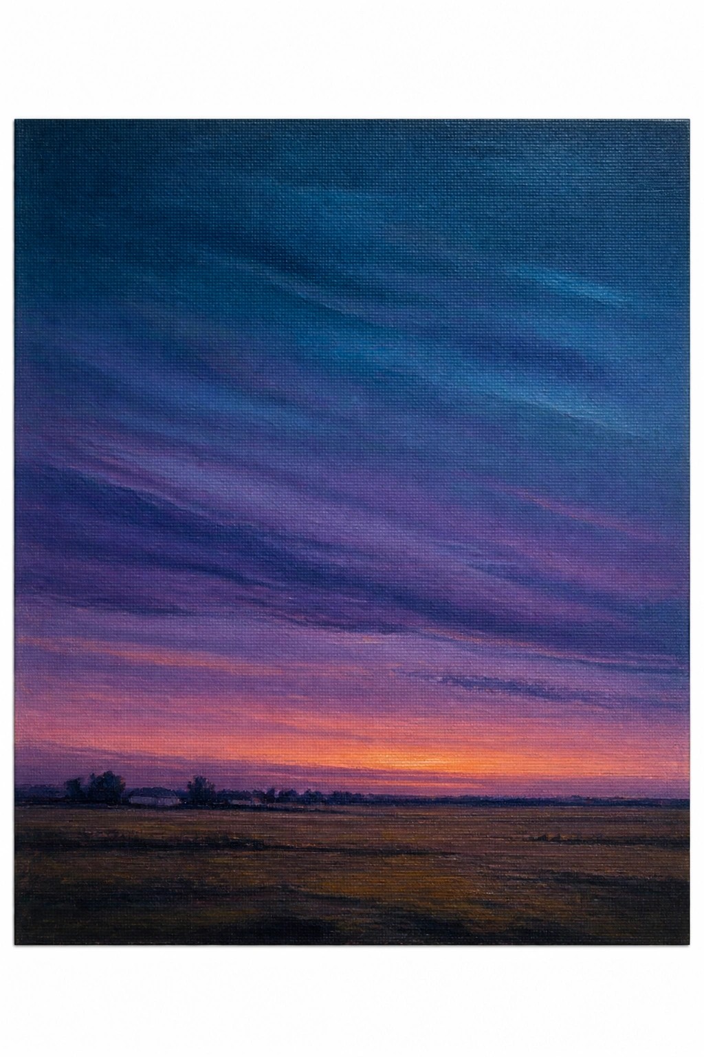 Oil painting of a sunset landscape with a glowing orange horizon under bands of purple and blue sky above a flat brown field and distant trees.