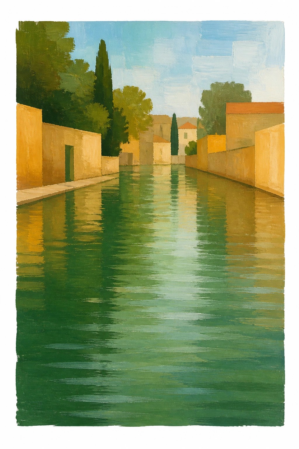 A serene landscape painting of a long green canal lined with ochre buildings and trees with soft reflections in the water under a clear sky.
