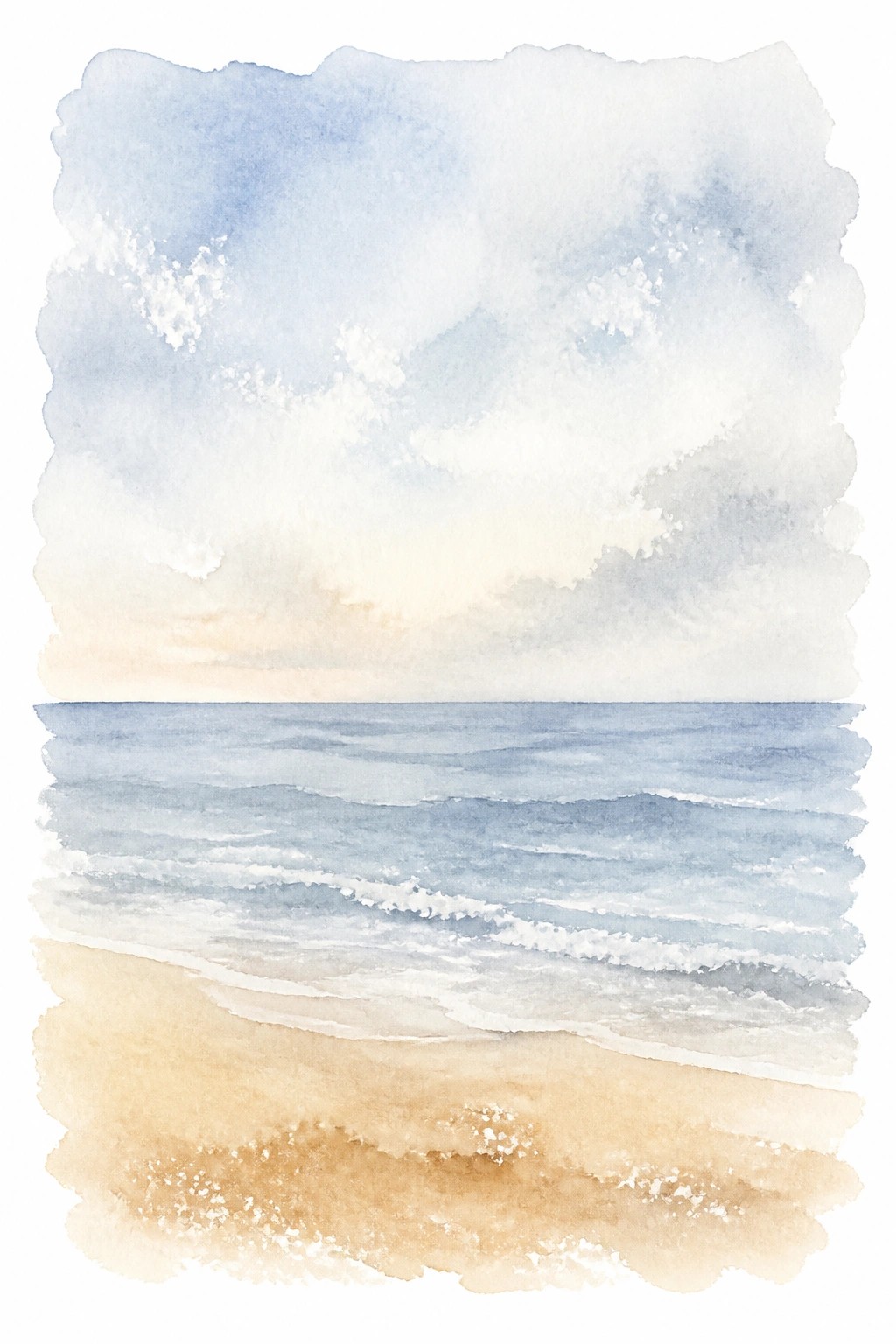 Watercolor painting of a serene beach with blue ocean waves and white foam meeting a sandy shore under a soft blue and cloudy sky with peach hues at the horizon.