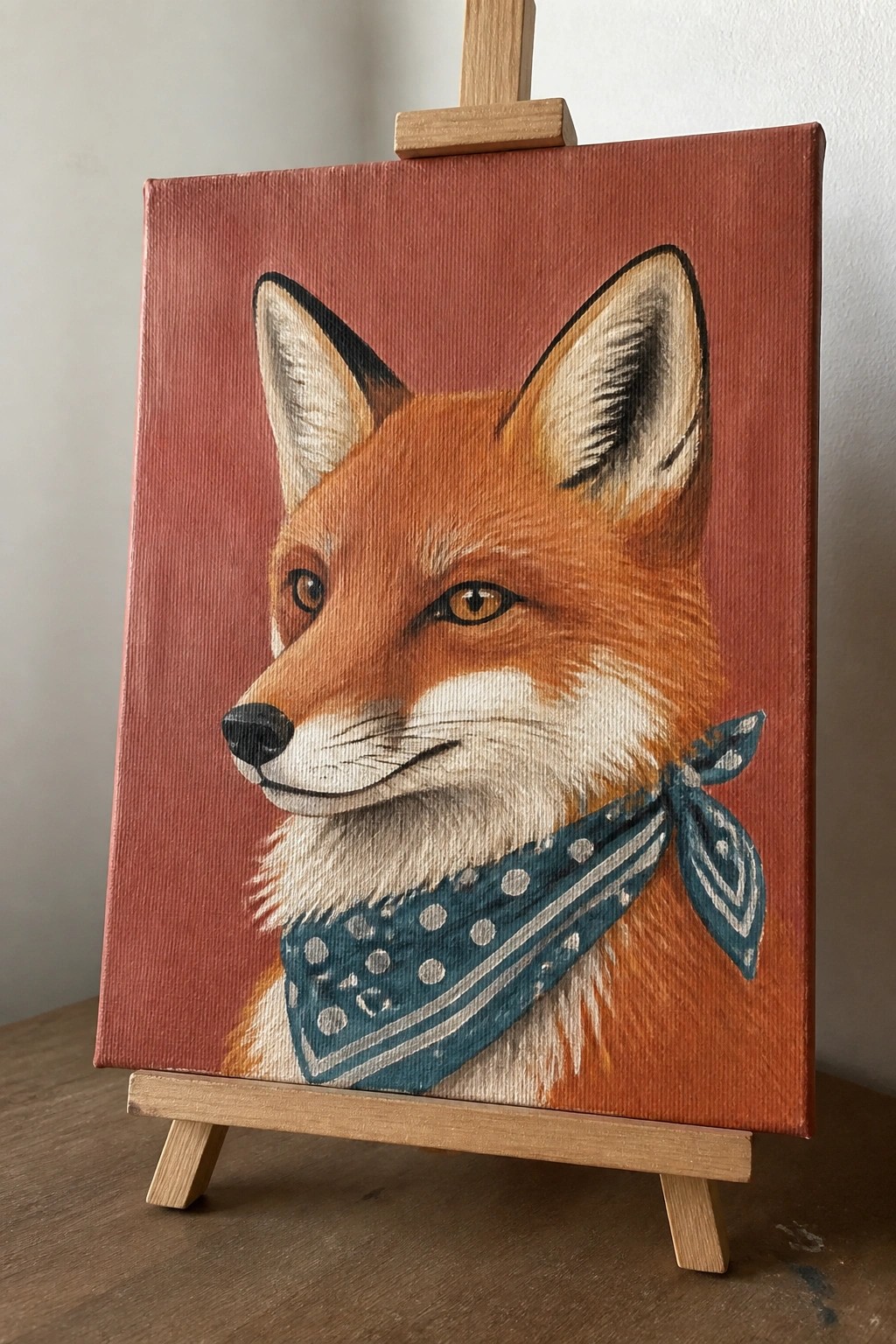 Realistic painting of orange fox with blue polka-dot bandana on wooden easel