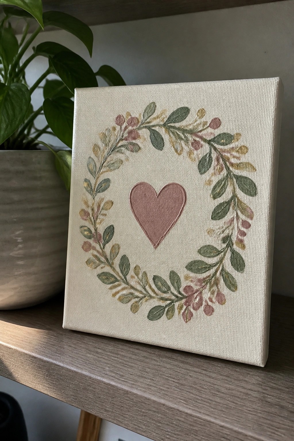 Canvas with floral wreath and central pink heart on wooden shelf
