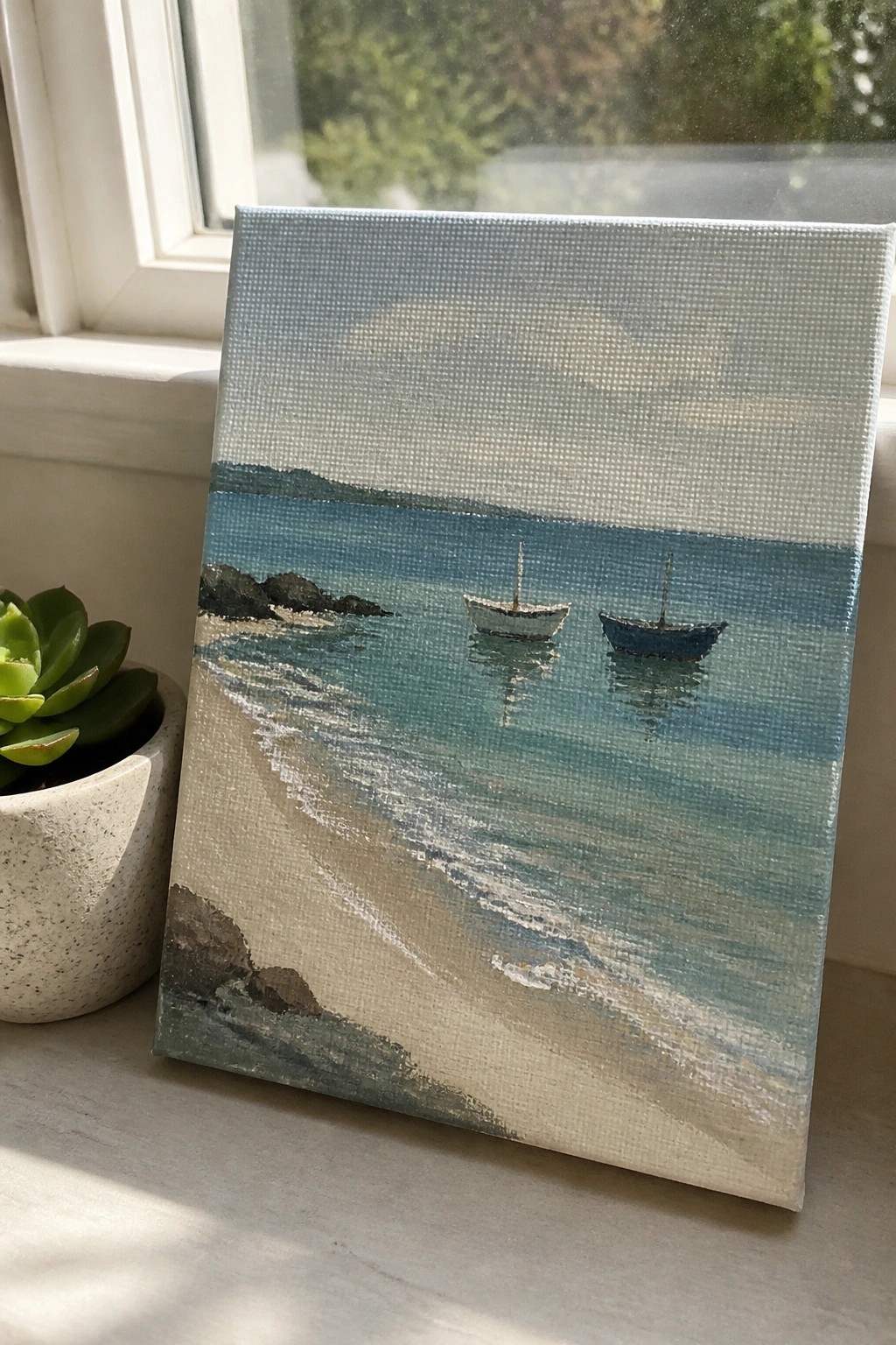 Miniature seascape painting of boats on canvas beside potted succulent on windowsill.