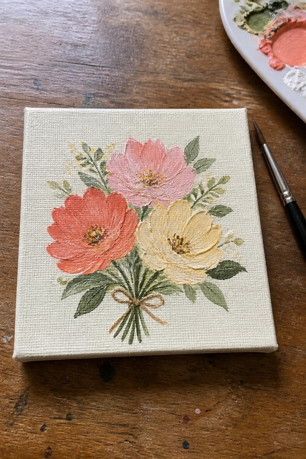 Small canvas with pink, coral, yellow flowers and green leaves tied by bow on wood.