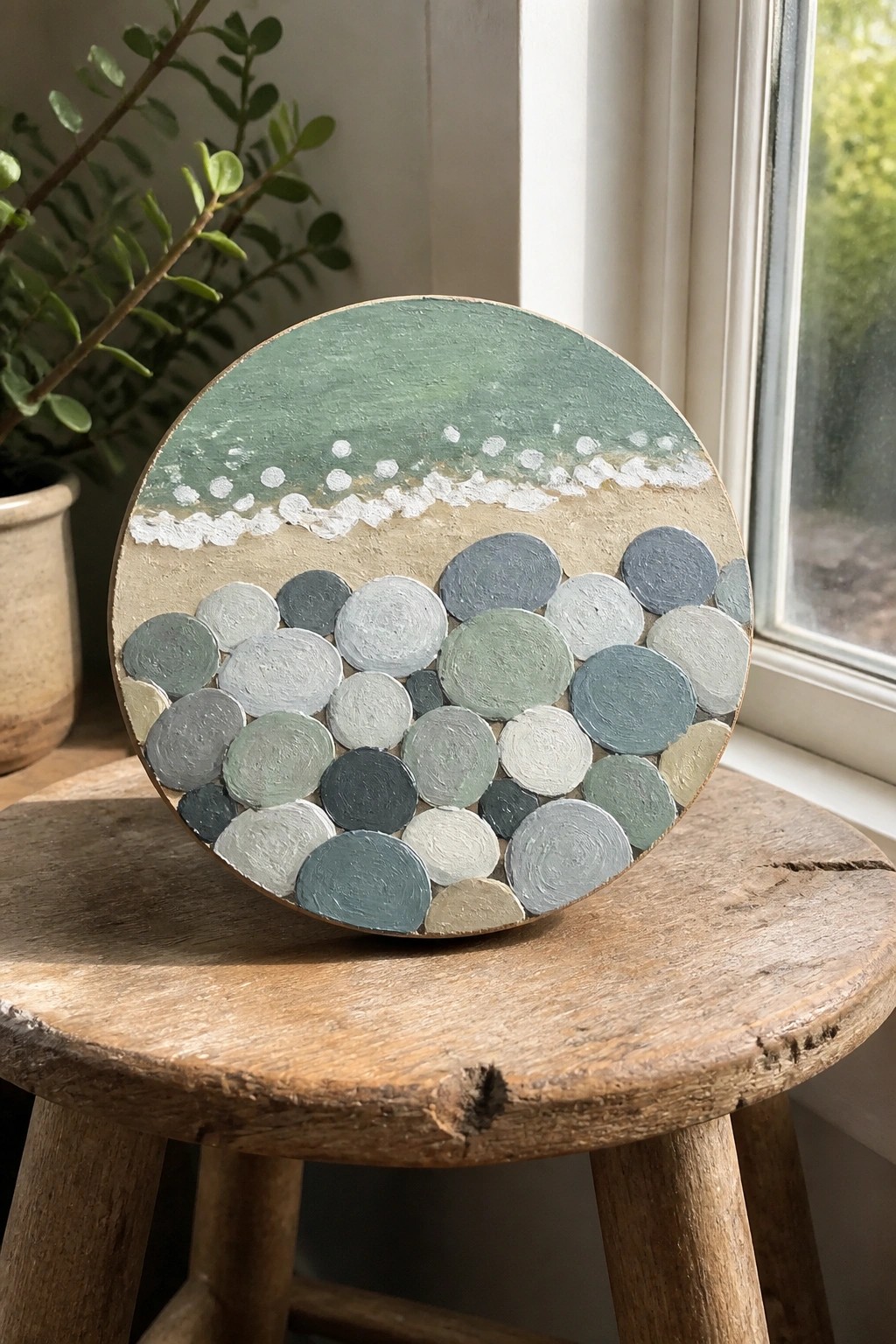 Round painted plaque with green sea, white waves, and pebble mosaic on wooden stool