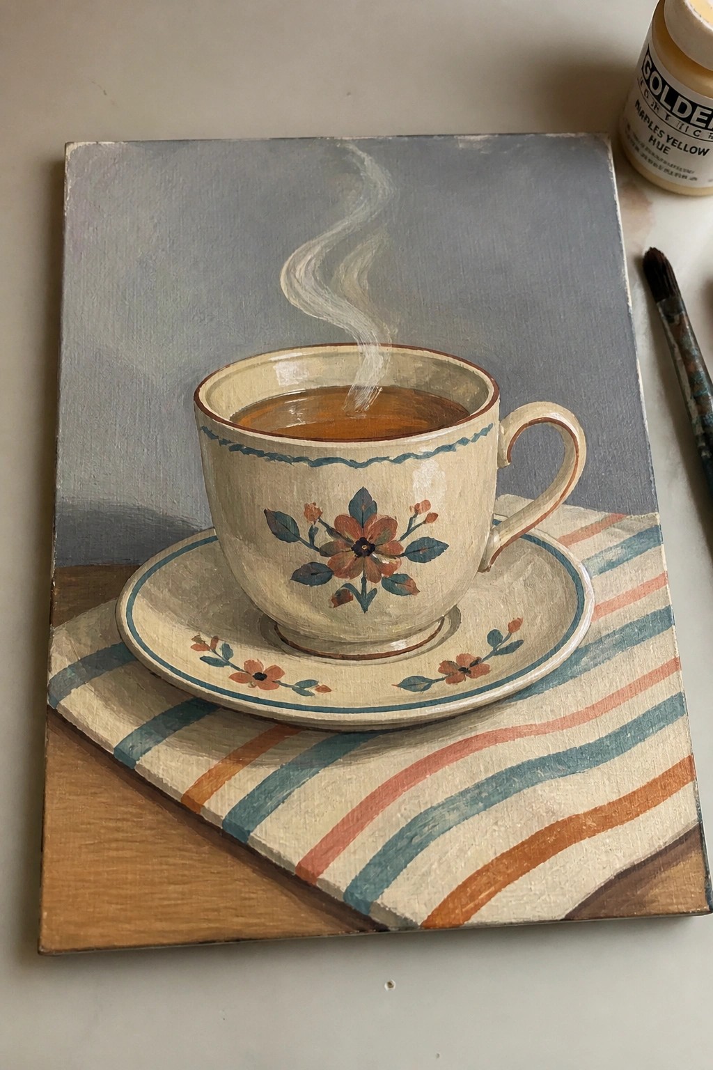 Painting of steaming floral teacup on saucer atop striped cloth with paint supplies