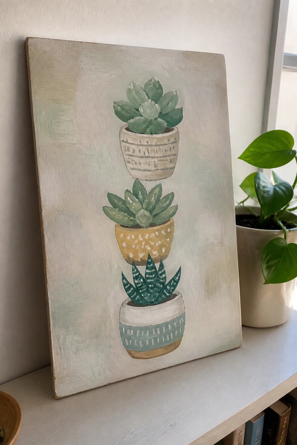 Three painted succulents in decorative pots on canvas beside a live houseplant.