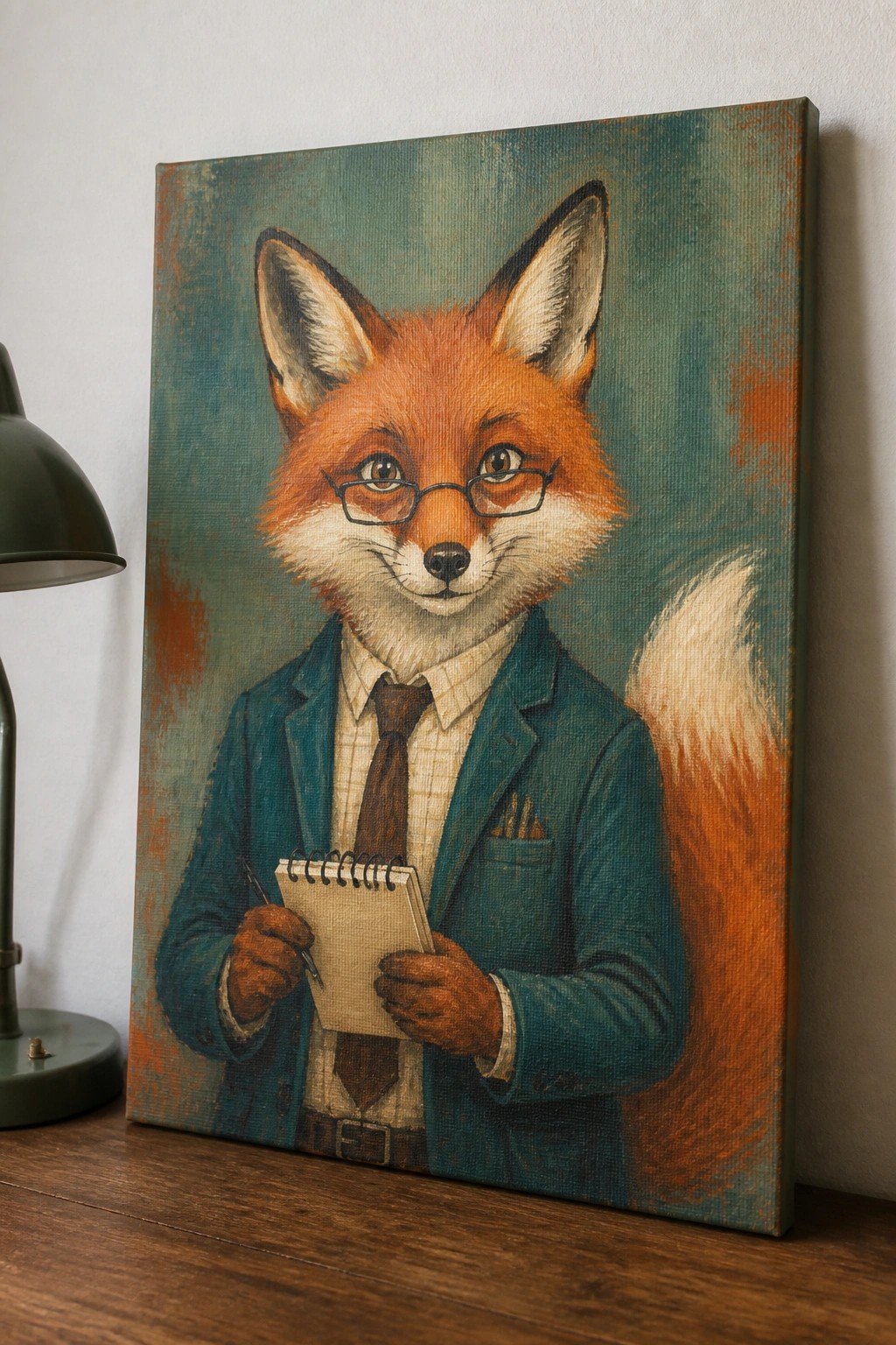 Anthropomorphic fox in blue suit and glasses holding notepad, textured oil painting on canvas