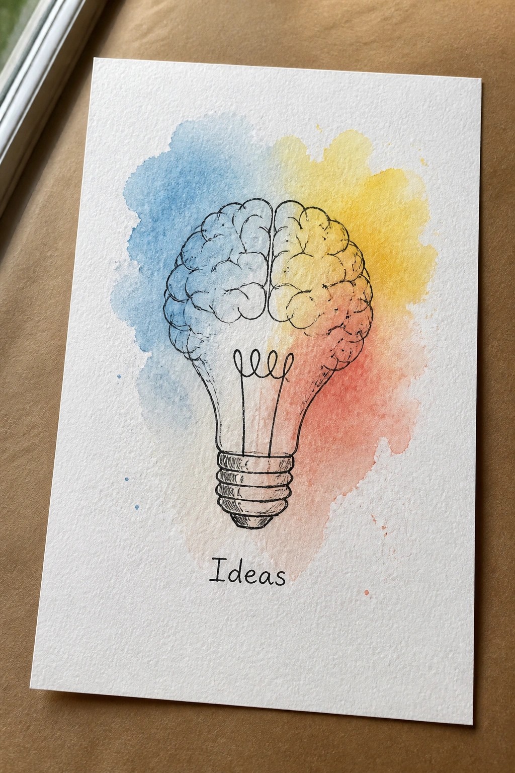 Watercolor brain-shaped lightbulb in blue, yellow, and red above the word Ideas