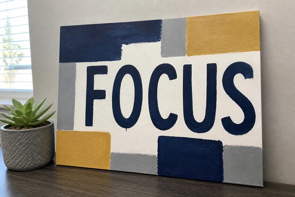 Canvas with FOCUS in blue, yellow, and gray letters beside potted succulent plant