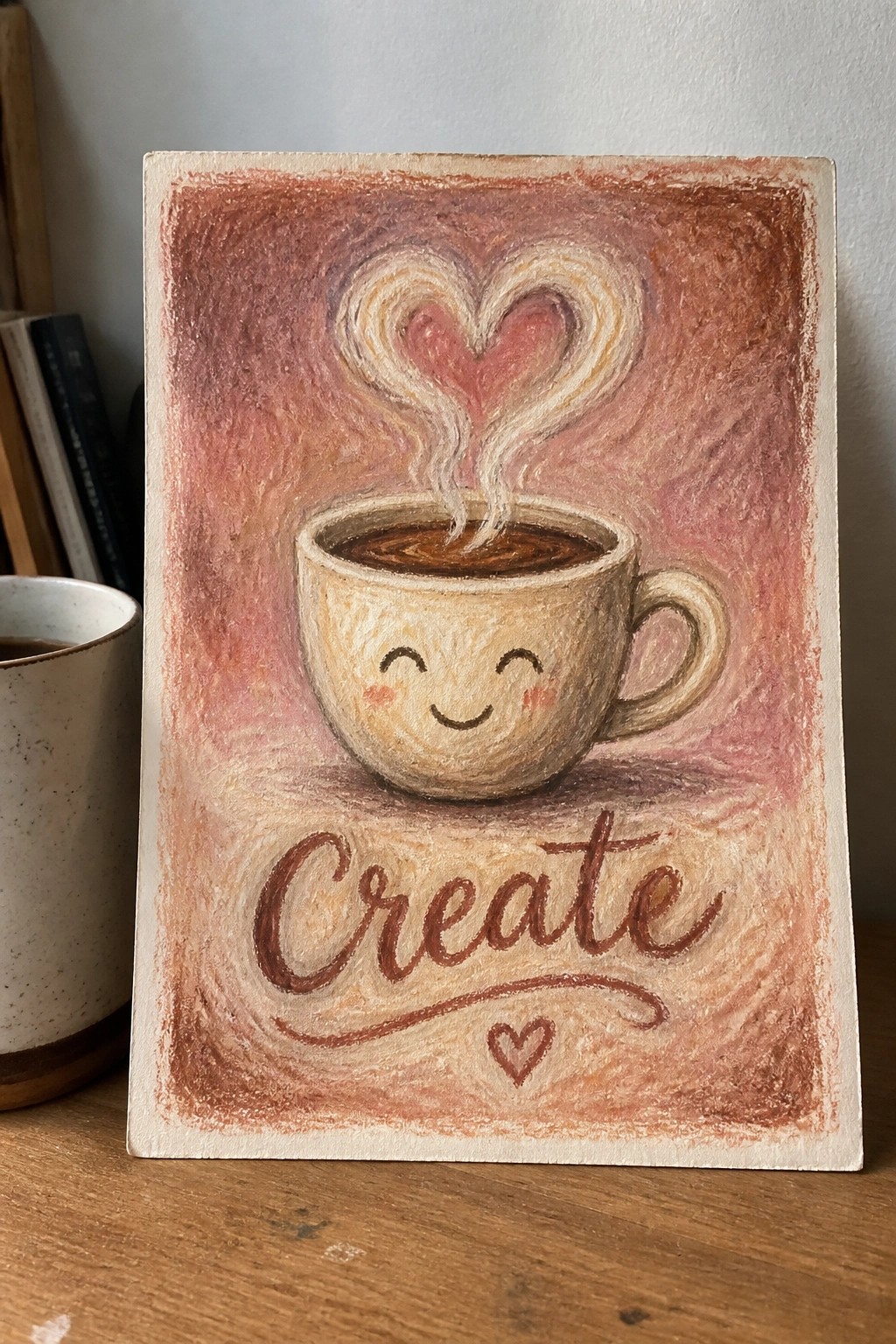 Chalk pastel artwork of smiling coffee cup with heart steam above cursive 