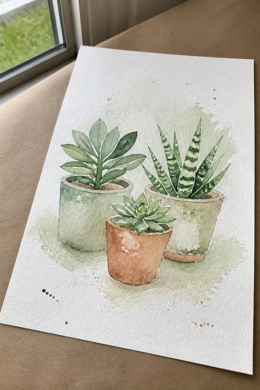 Watercolor painting of three potted succulents on white paper.