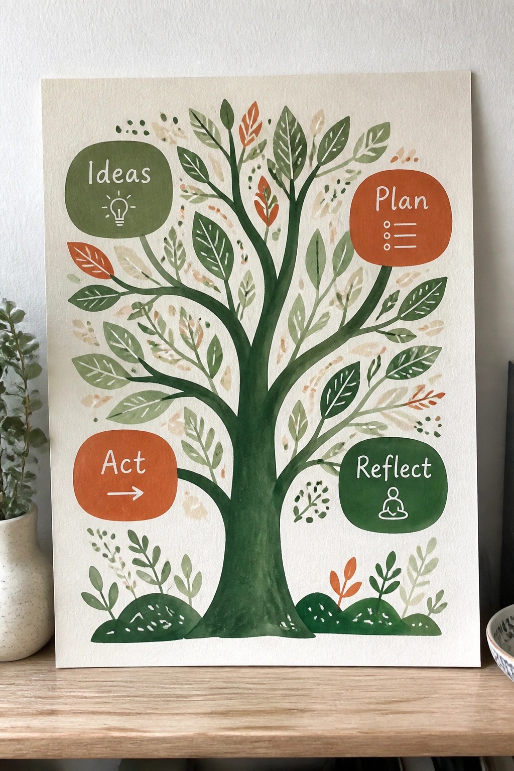 Watercolor tree with ideas, plan, act, and reflect labels in colored bubbles