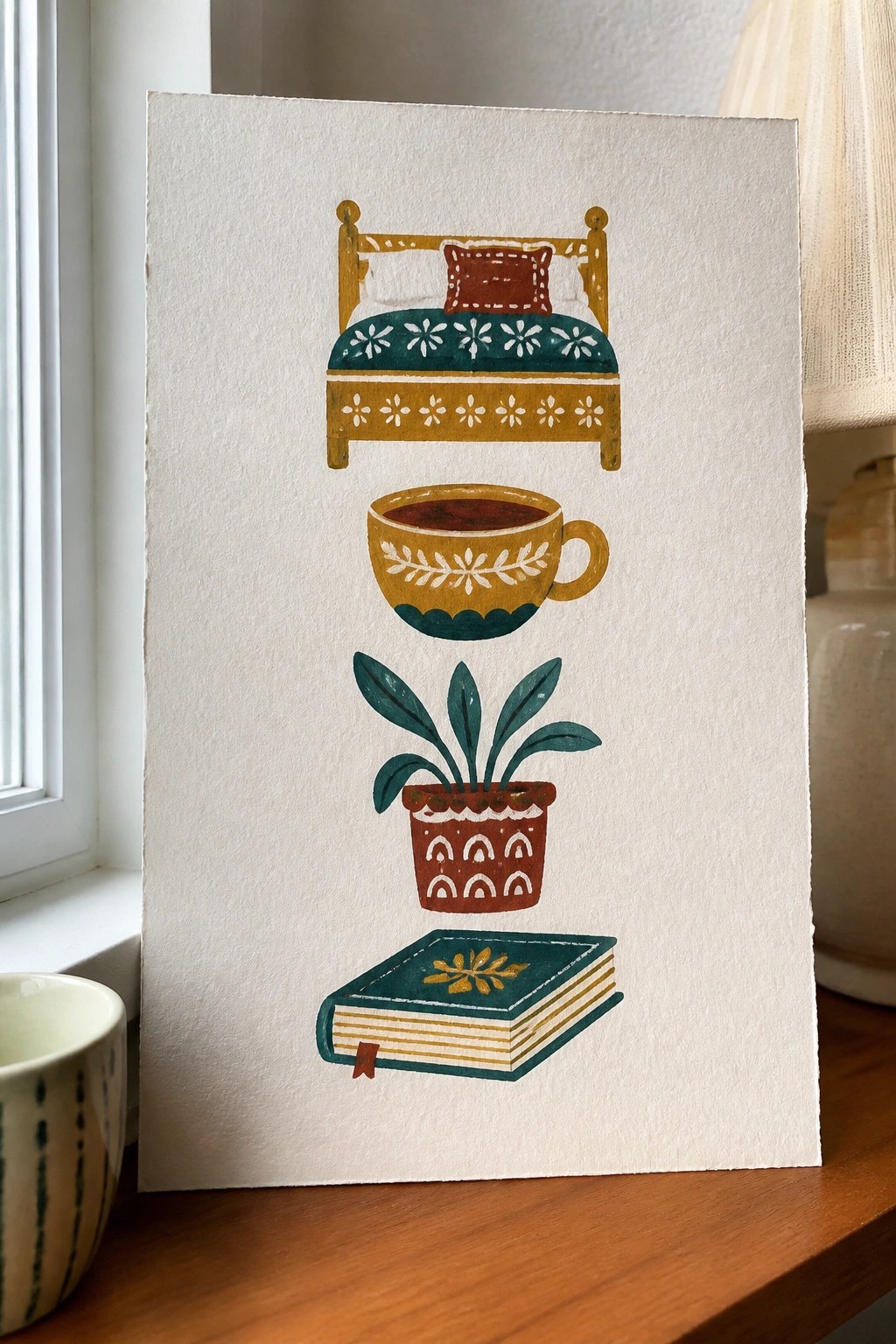A vertical stack of a bed, coffee cup, potted plant, and book painted on paper in flat colors with simple patterns.
