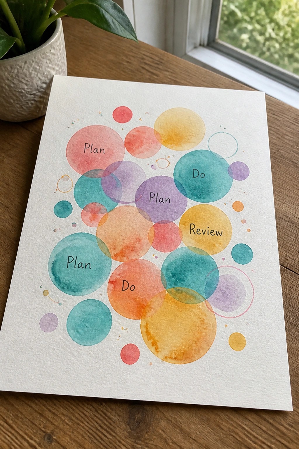 Vibrant watercolor circles overlapping with Plan, Do, Review labels on white paper over wood.