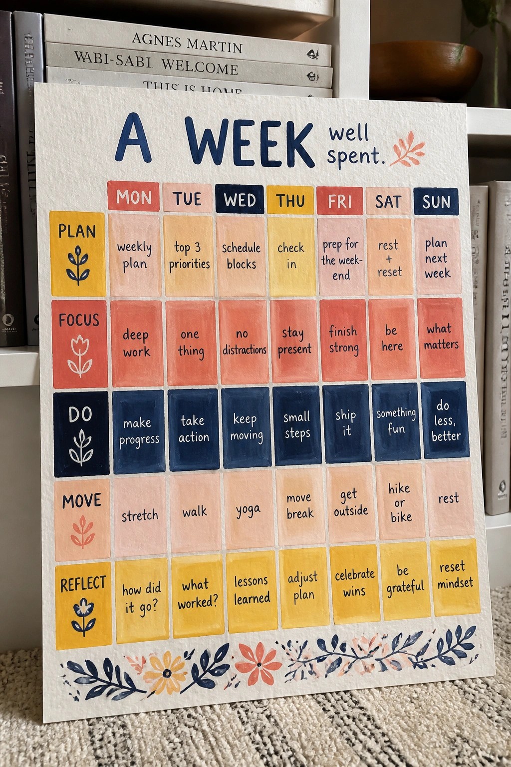 Hand-painted colorful weekly planner with PLAN, FOCUS, DO, MOVE, REFLECT sections and daily tasks.