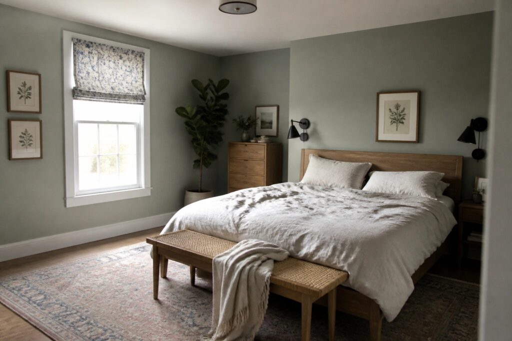 Serene bedroom with sage green walls, wooden bed, white linens, and woven bench.