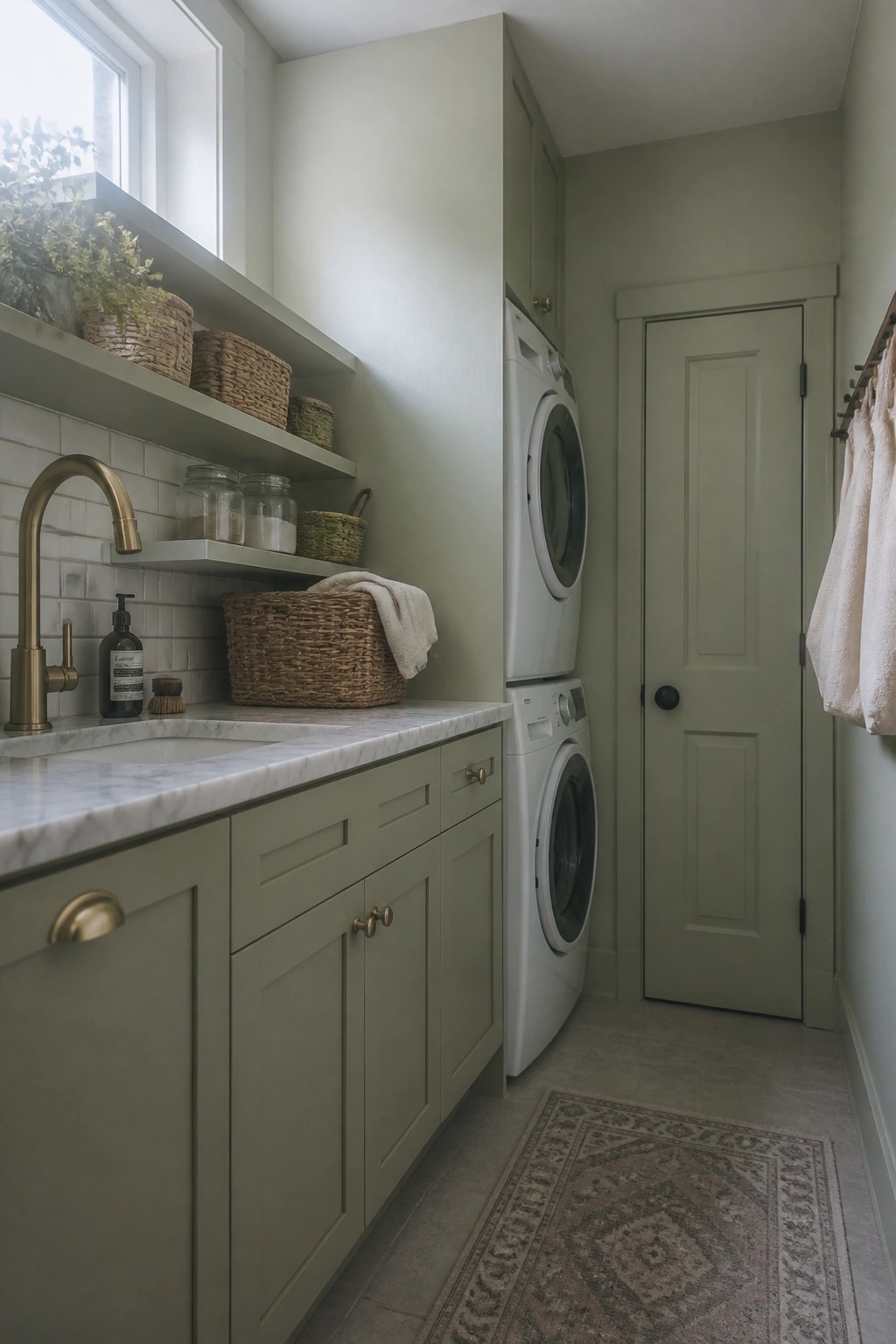 A compact laundry room with soft green walls and matching cabinets beside a marble sink.