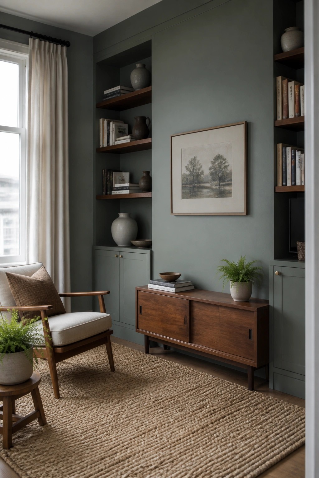 A sitting area with muted green walls and matching built-in shelves next to warm wood furniture.